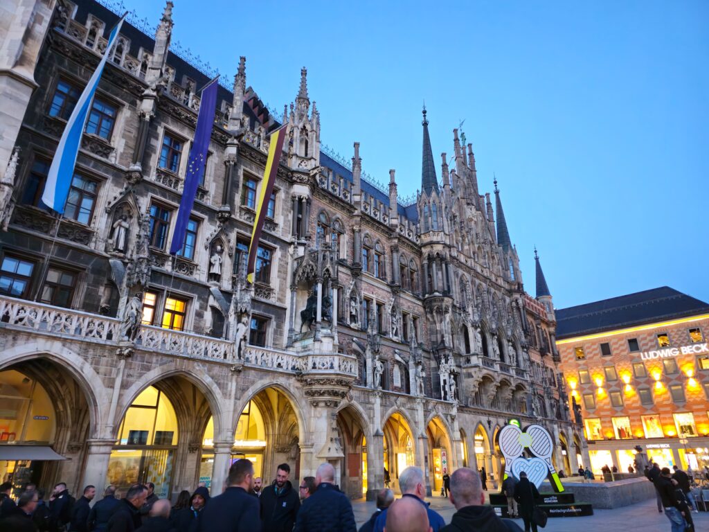 Buildings in Munich lit at sunset