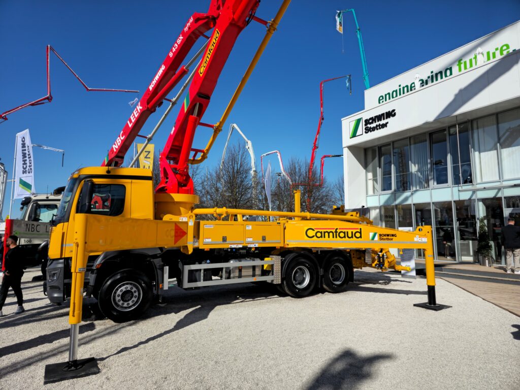 Camfaud's M43 Mobile Concrete Pump with outriggers on display at bauma 2025